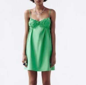 Zara Cotton Dress Sweetheart Neck Mini Babydoll Spaghetti Strap Green Small